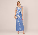 Short Sleeve Floral Embroidered Gown With Ribbon Tie Waist In French Blue Multi 1