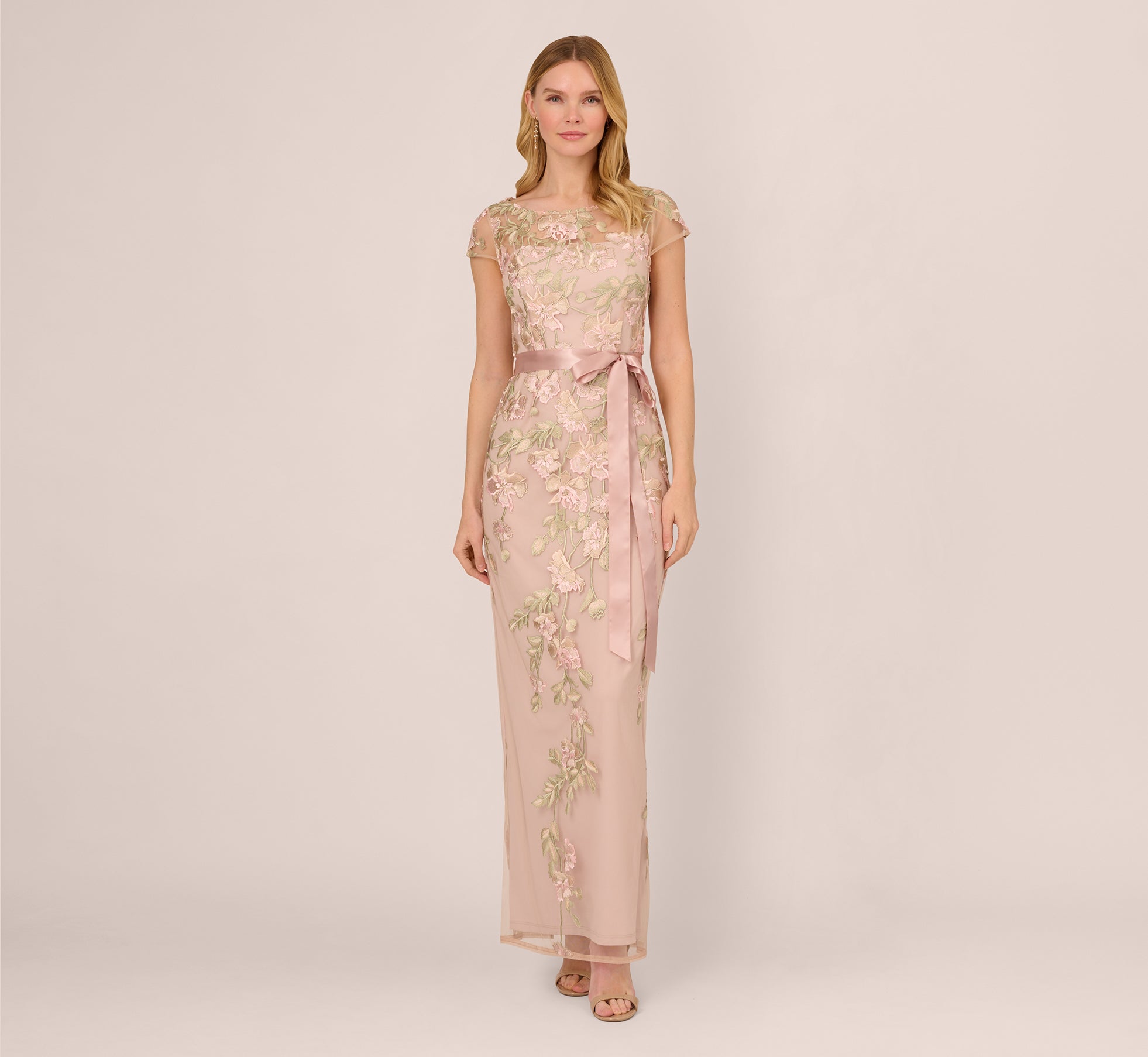 ribbon embroidered dress Adrianna Papell Women's Floral-Embroidered Column Gown - Blush/Nude Multi swatch:jardin Blu Pepper Floral Print paneled bodice and a Size:CHILD-6