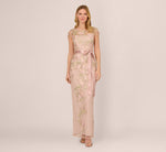 Short Sleeve Floral Embroidered Gown With Ribbon Tie Waist In Blush Nude Multi 2