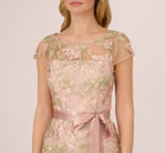 Short Sleeve Floral Embroidered Gown With Ribbon Tie Waist In Blush Nude Multi 3