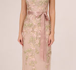 Short Sleeve Floral Embroidered Gown With Ribbon Tie Waist In Blush Nude Multi 4