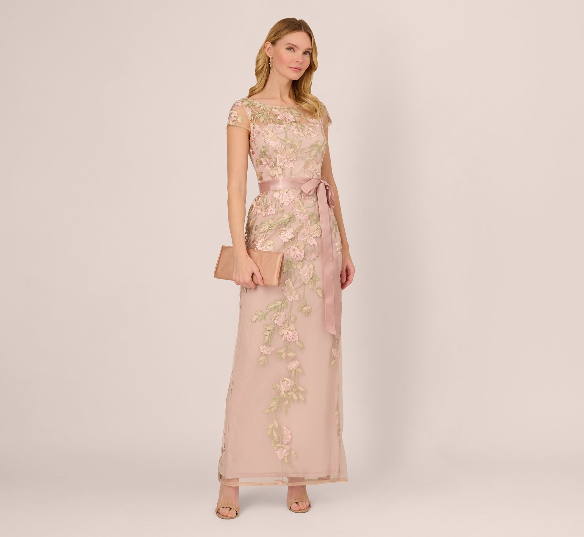Short Sleeve Floral Embroidered Gown With Ribbon Tie Waist In Blush Nude Multi 1