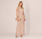 Short Sleeve Floral Embroidered Gown With Ribbon Tie Waist In Blush Nude Multi 1