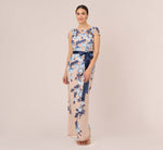 Short Sleeve Floral Embroidered Gown With Ribbon Tie Waist In Midnight Multi Nude 2