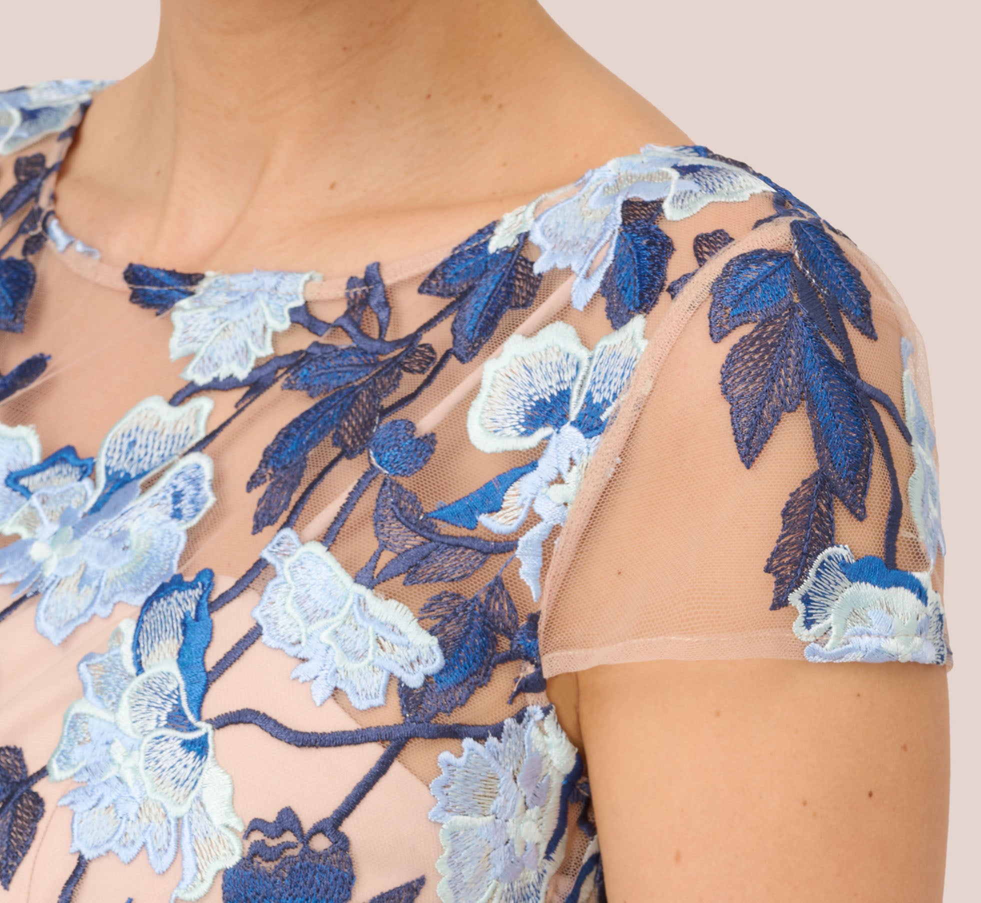Multi Colored Short Sleeve Floral Embroidered Gown With Ribbon Tie Waist