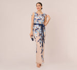 Short Sleeve Floral Embroidered Gown With Ribbon Tie Waist In Midnight Multi Nude 1