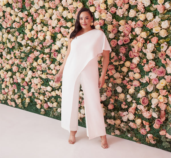 white monstera one shoulder jumpsuit Plus Size Flutter One Shoulder Jumpsuit In Ivory
