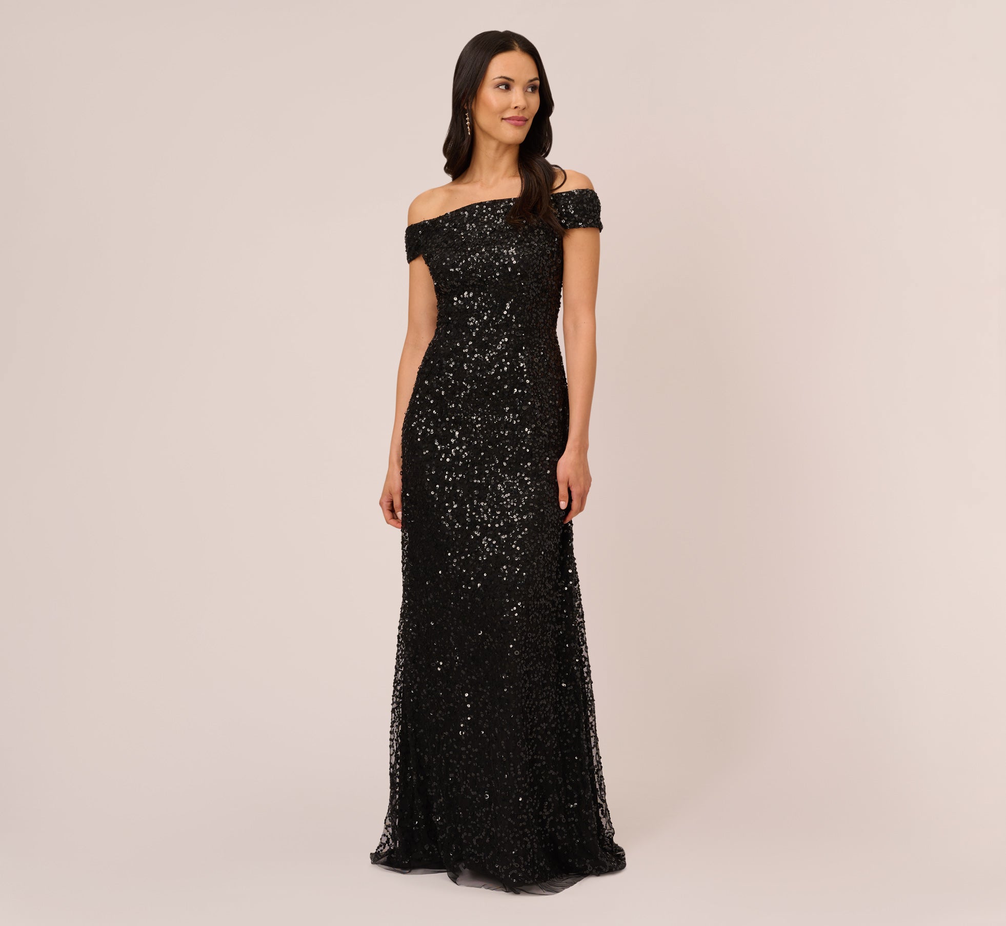 Off The Shoulder Sequin Beaded Gown In Black | Adrianna Papell