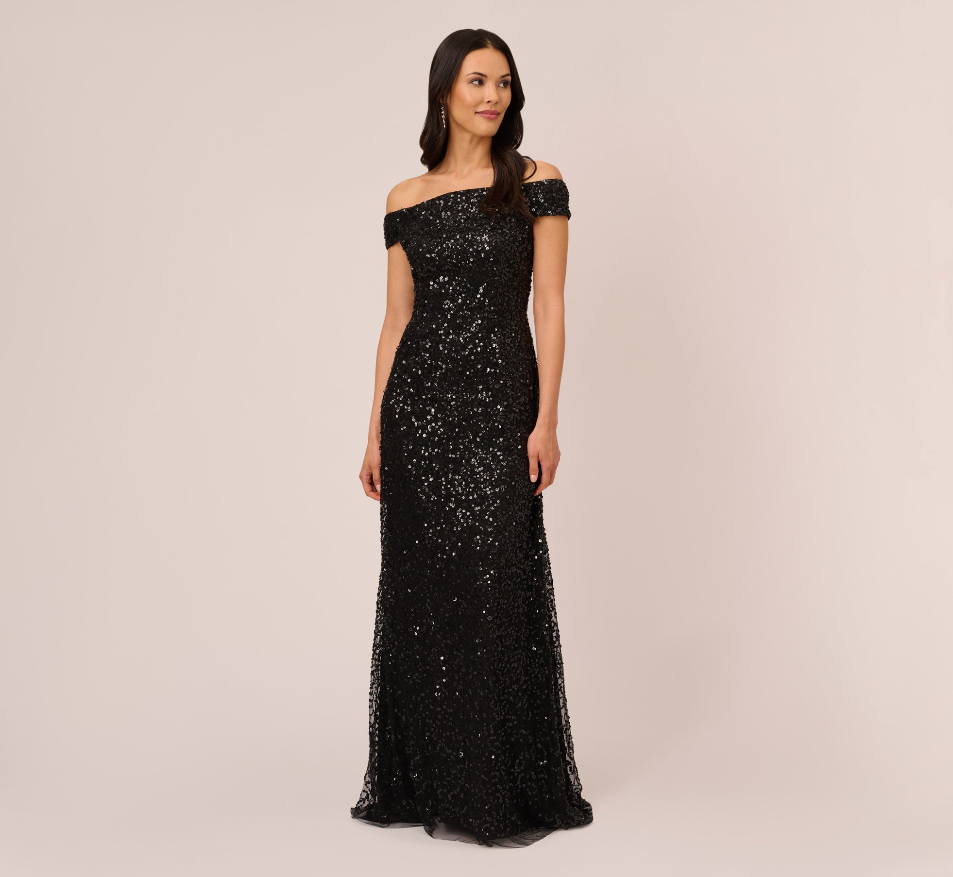 Off The Shoulder Sequin Beaded Gown In Black Adrianna Papell