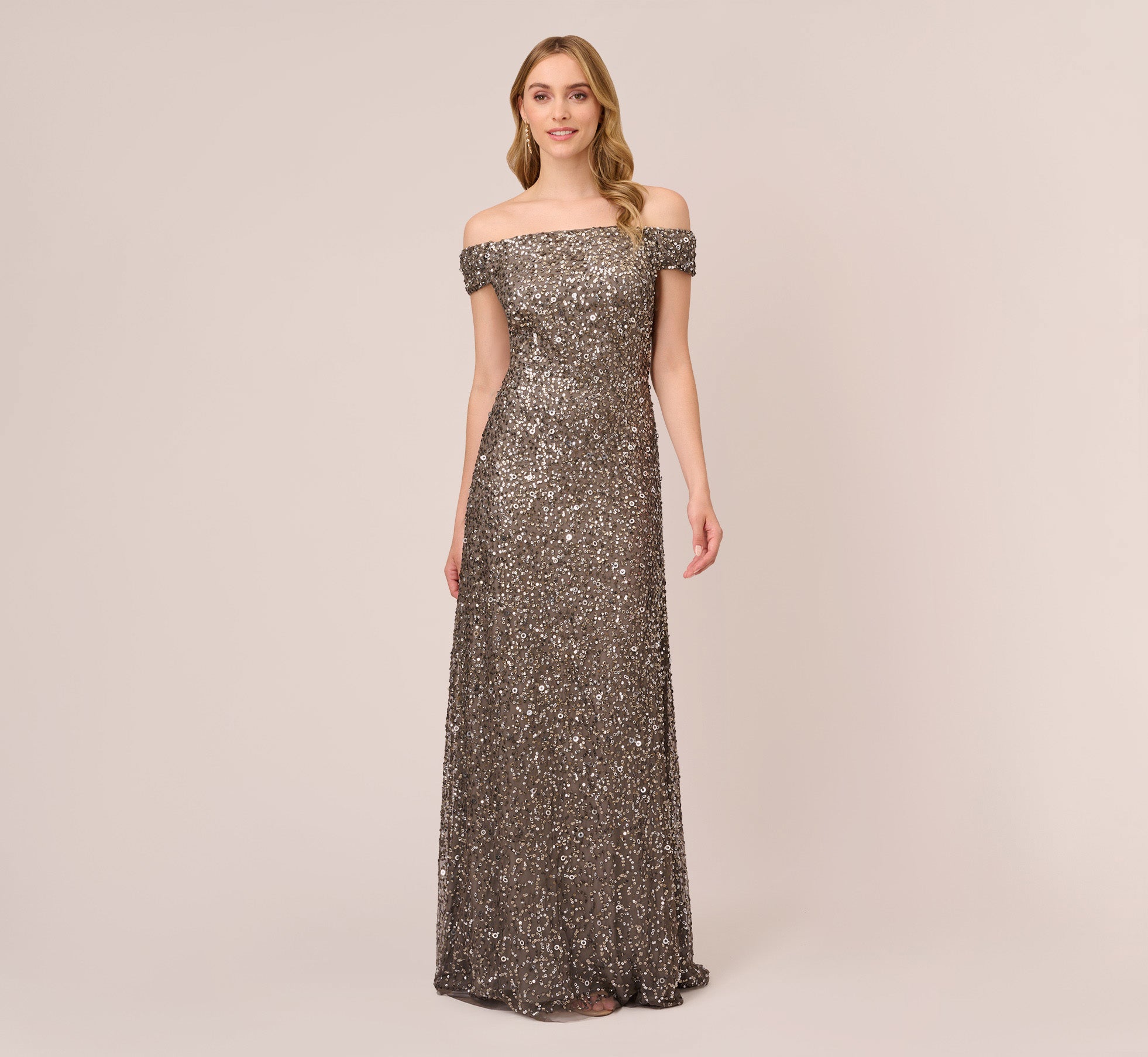 Off The Shoulder Sequin Beaded Gown In Lead
