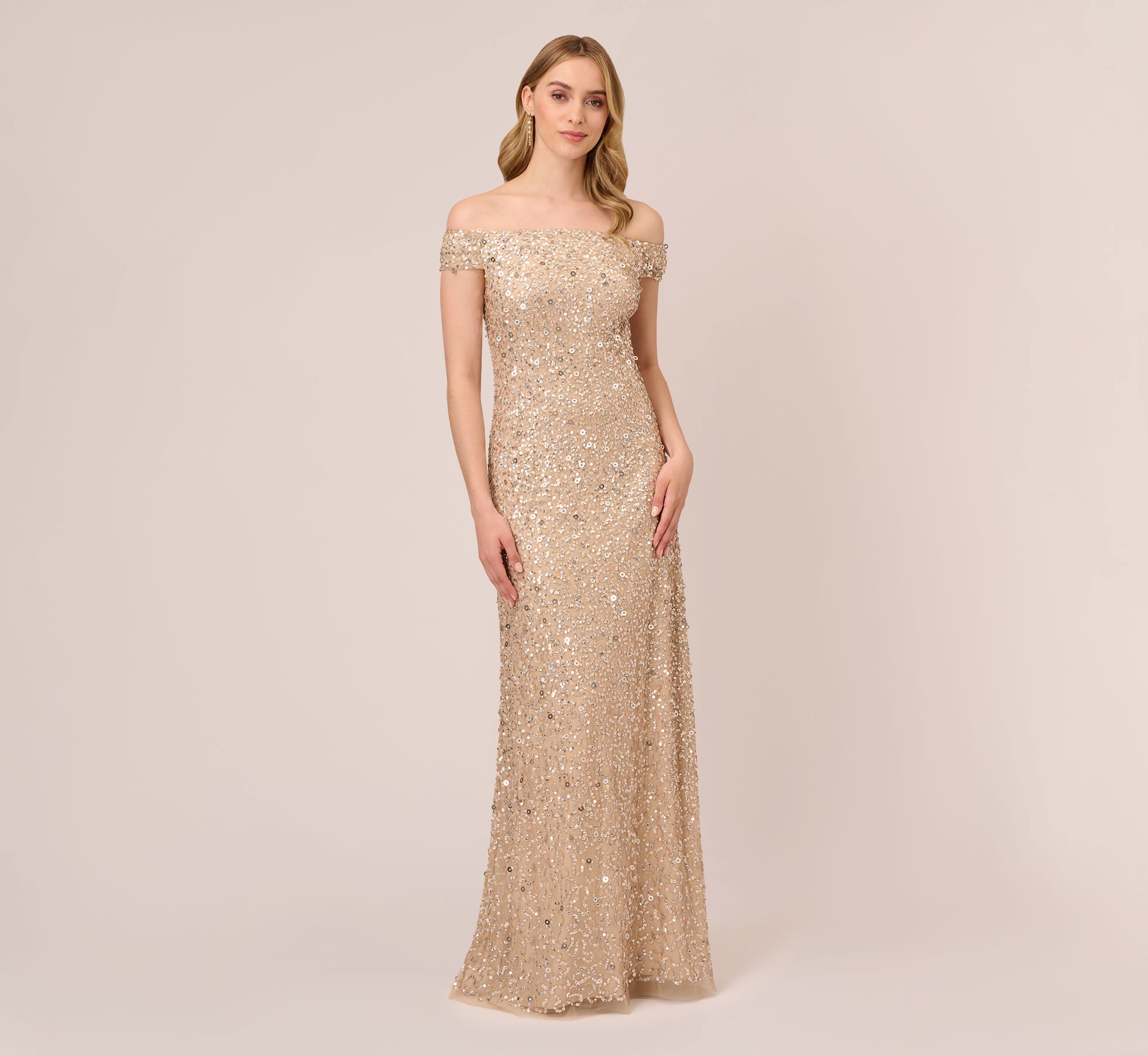Off The Shoulder Sequin Beaded Gown In Champagne | Adrianna Papell