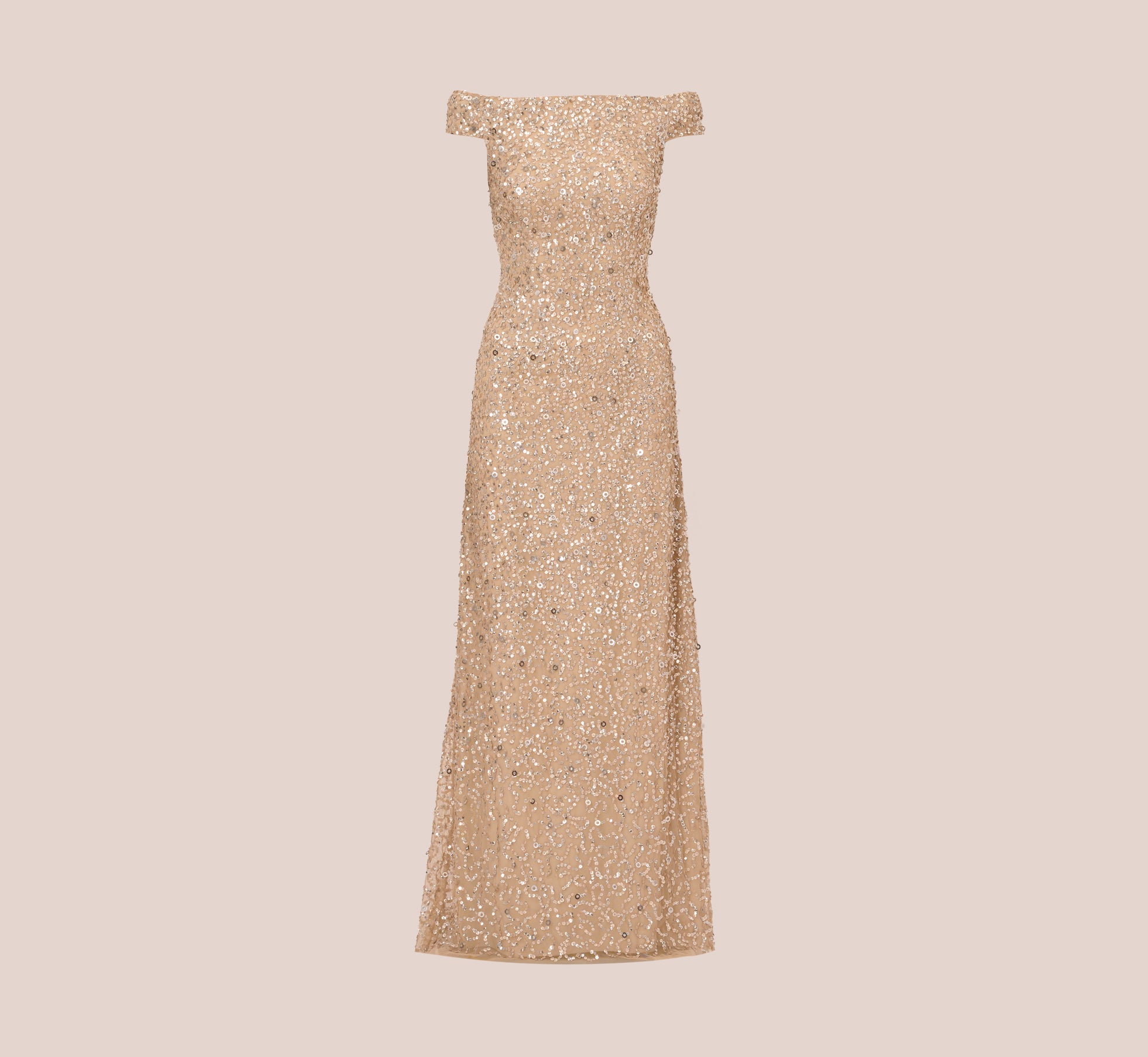 Off The Shoulder Sequin Beaded Gown In Champagne | Adrianna Papell