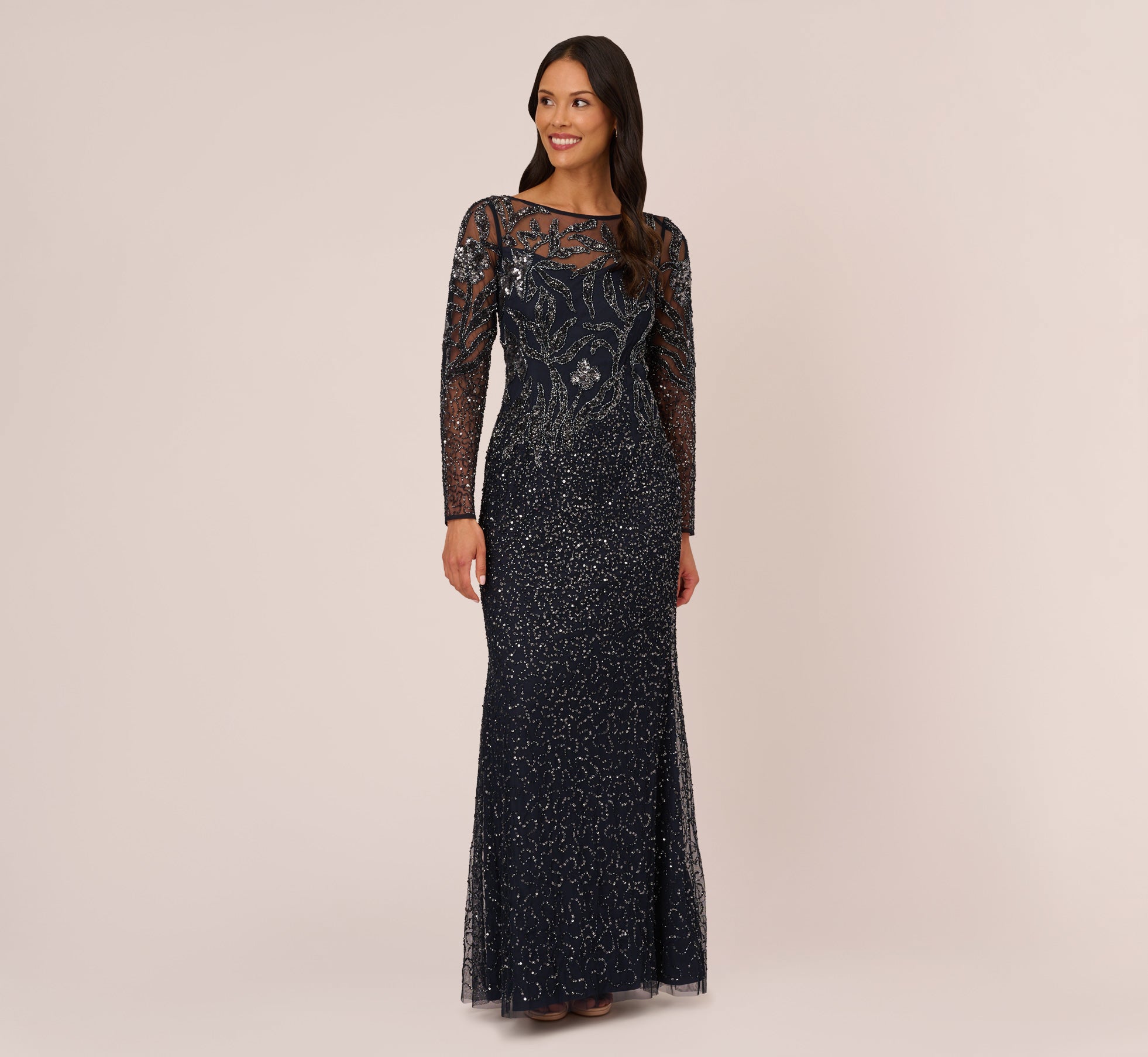 Floral Beaded Dress With Sheer Long Sleeves In Midnight
