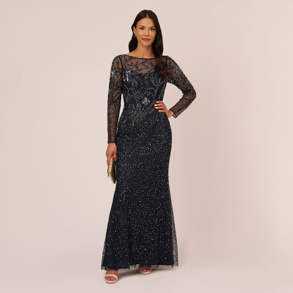 Floral Beaded Dress With Sheer Long Sleeves In Midnight | Adrianna Papell