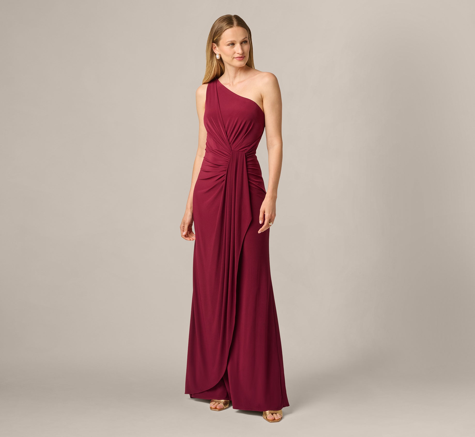 long red one shoulder dress One Shoulder Crystal Embellished Knit Gown - Racing Red