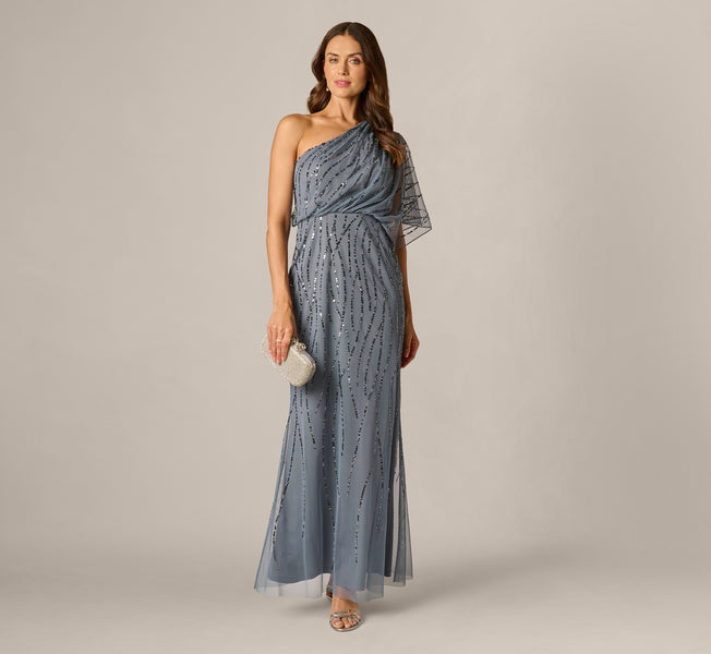 Adrianna Papell Womens Sequined One Shoulder Formal Dress Blue 4 Adrianna Papell Womens Sequined One Shoulder Formal Dress Blue 4