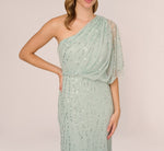 Draped One Shoulder Dress With Sequin Detail In Icy Sage 3