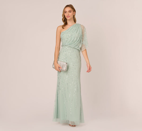 Draped One Shoulder Dress With Sequin Detail In Icy Sage, Icy Sage / Regular / 4