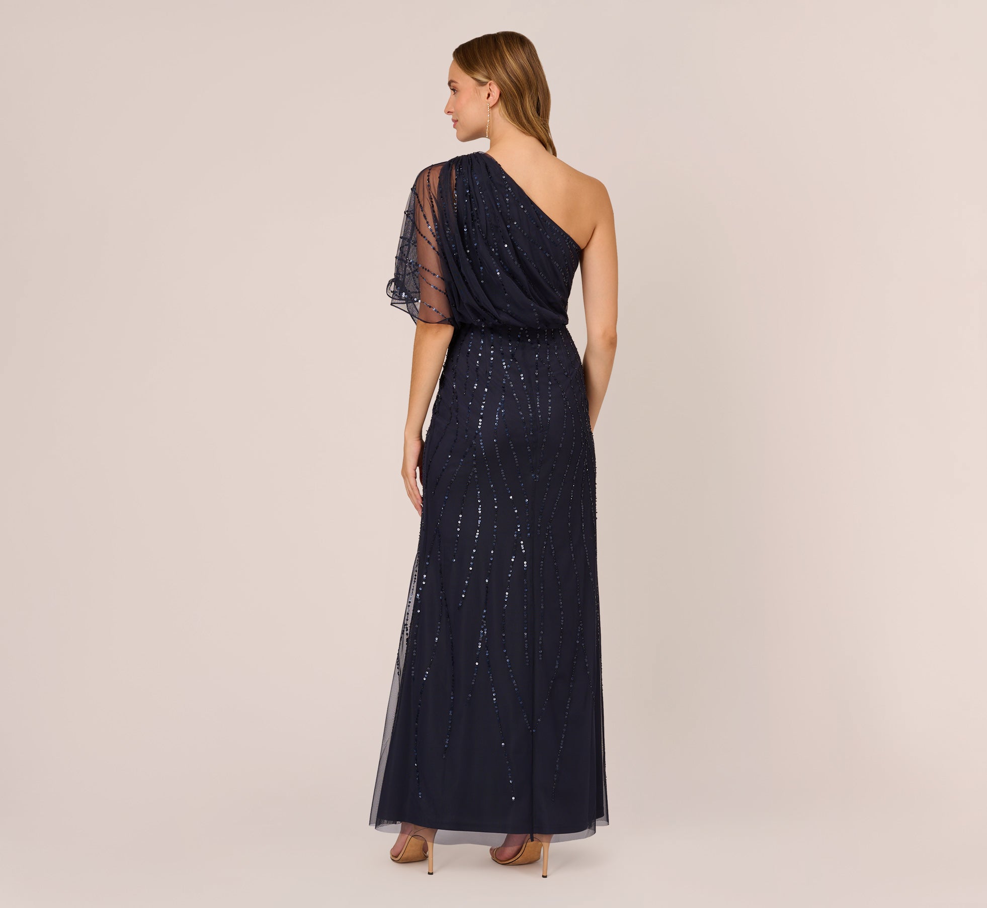 Adrianna Papell Long One Shoulder Beaded Dress, 8 / Blue