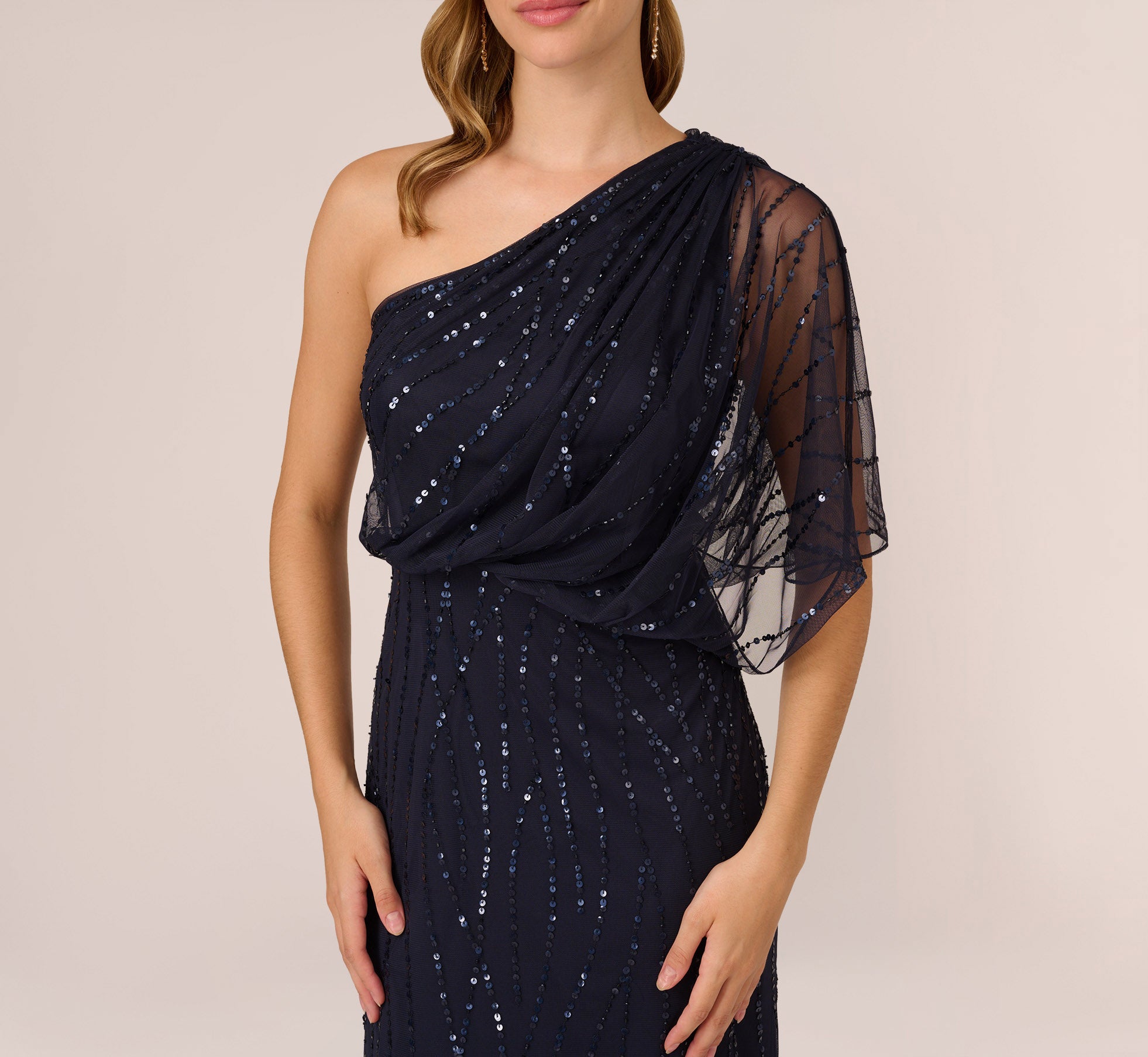 Draped One Shoulder Dress With Sequin Detail In Dusty Navy
