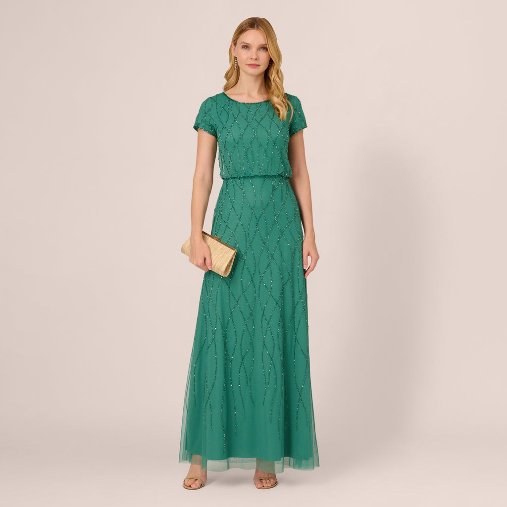HandBeaded Long Dress In Jungle Green Adrianna Papell