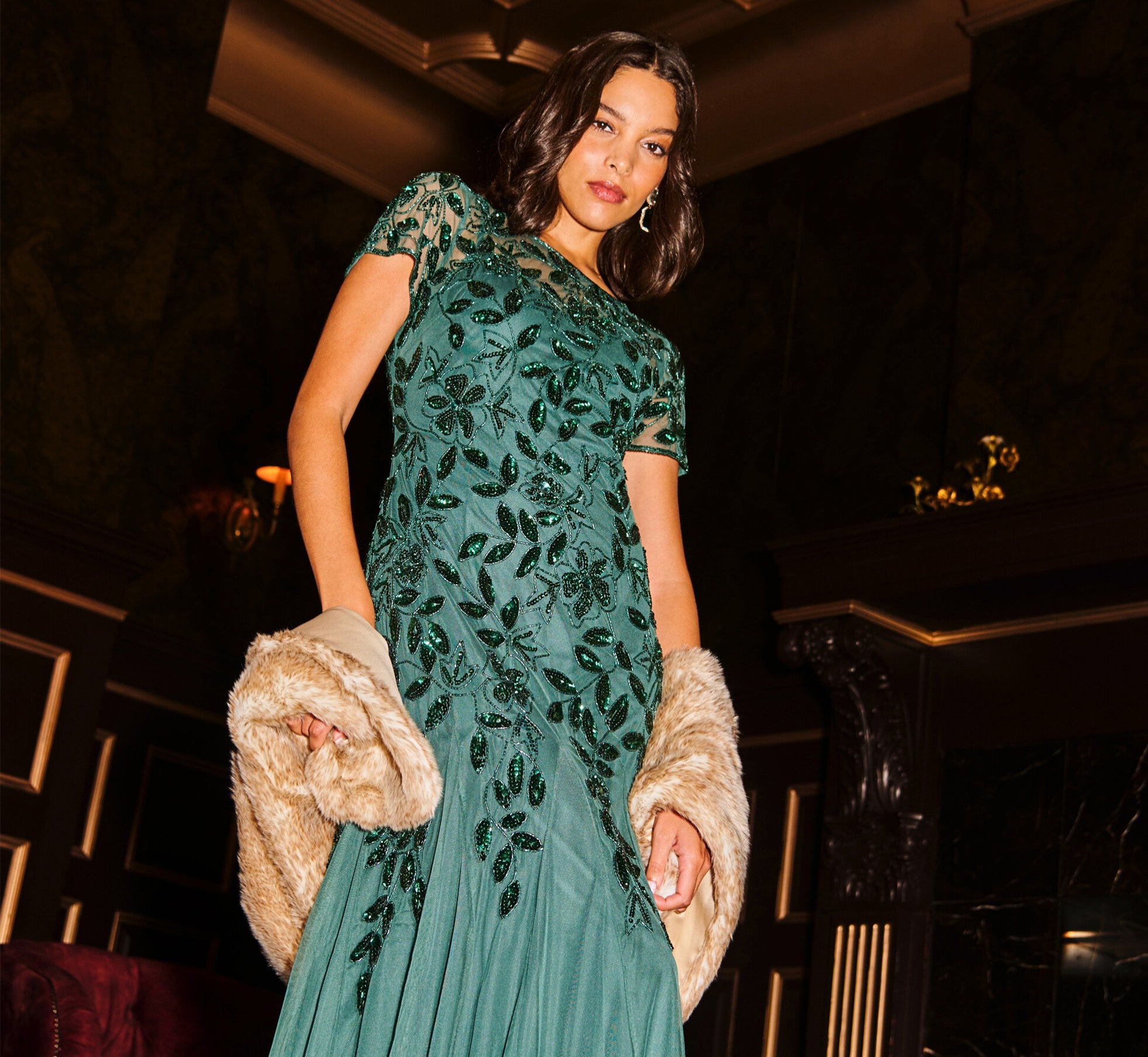 Dark Green Hand Beaded Short Sleeve Floral Godet Gown - Adrianna Papell Dark Green Hand Beaded Short Sleeve Floral Godet Gown - Adrianna Papell
