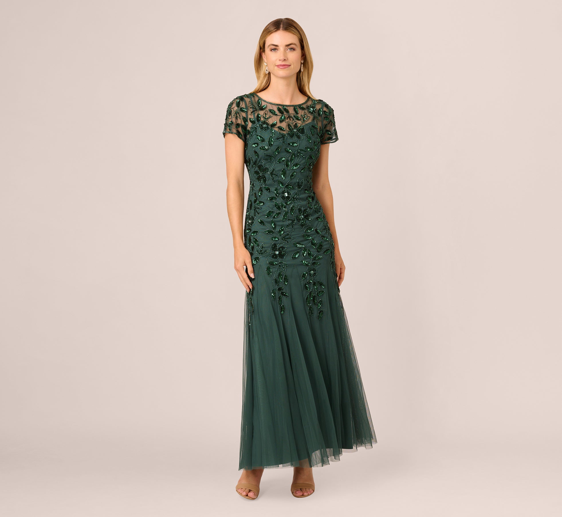 Hand Beaded Short Sleeve Floral Godet Gown In Dusty Emerald Hand Beaded Short Sleeve Floral Godet Gown In Dusty Emerald