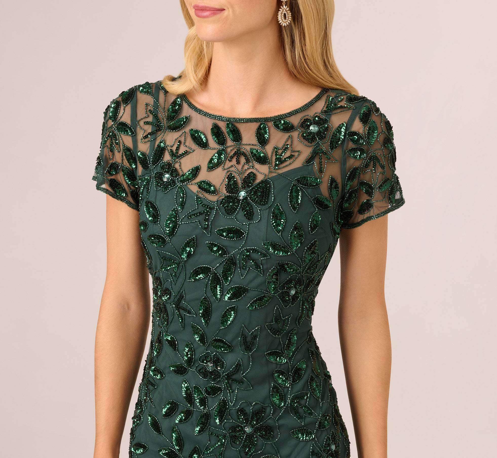Dark Green Hand Beaded Short Sleeve Floral Godet Gown - Adrianna Papell Dark Green Hand Beaded Short Sleeve Floral Godet Gown - Adrianna Papell