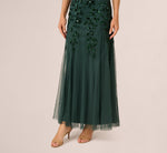 Hand Beaded Short Sleeve Floral Godet Gown In Dusty Emerald 4