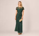 Hand Beaded Short Sleeve Floral Godet Gown In Dusty Emerald 1