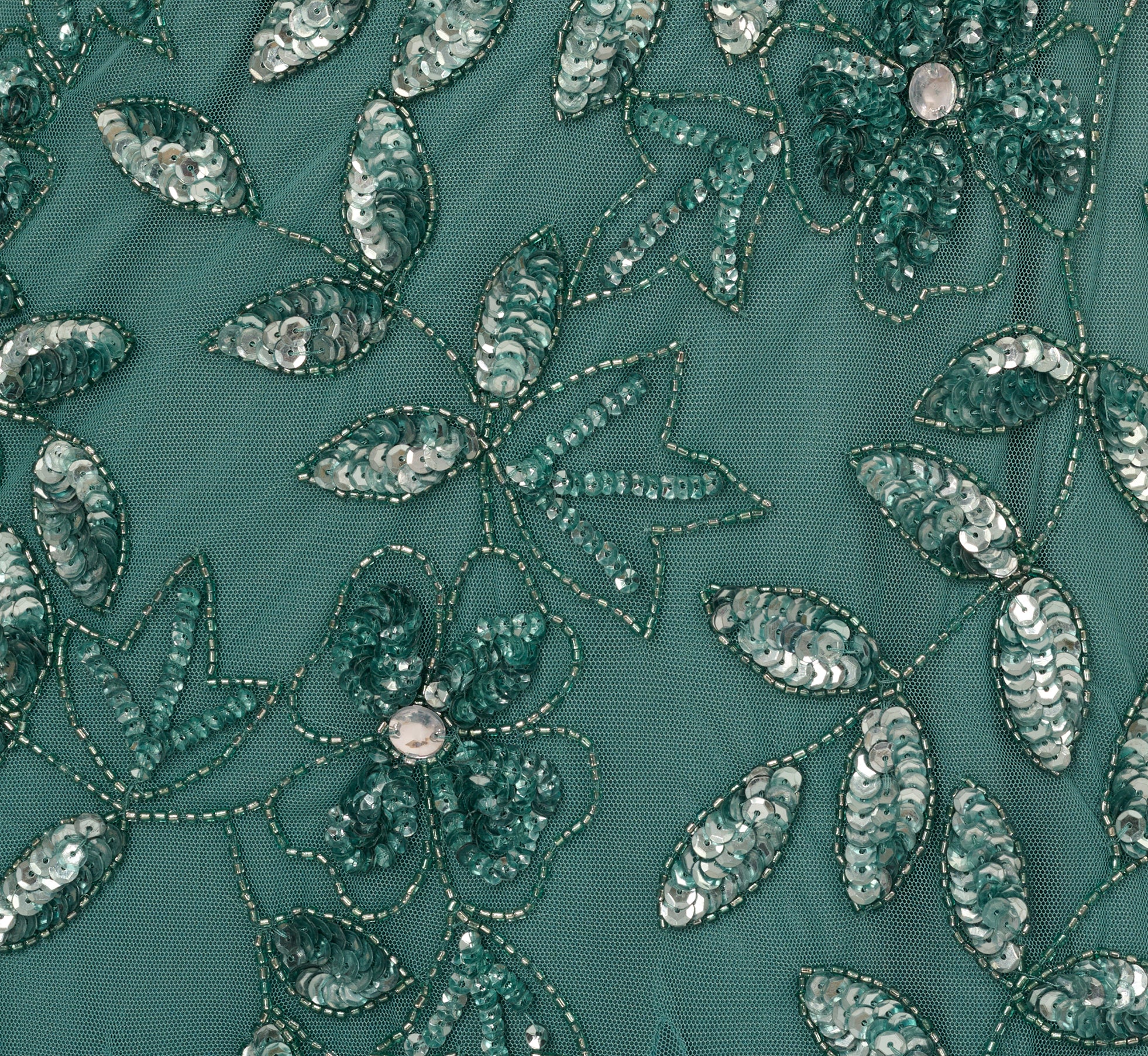 Green Hand Beaded Short Sleeve Floral Godet Gown - Adrianna Papell