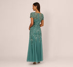 Hand Beaded Short Sleeve Floral Godet Gown In Jade 5