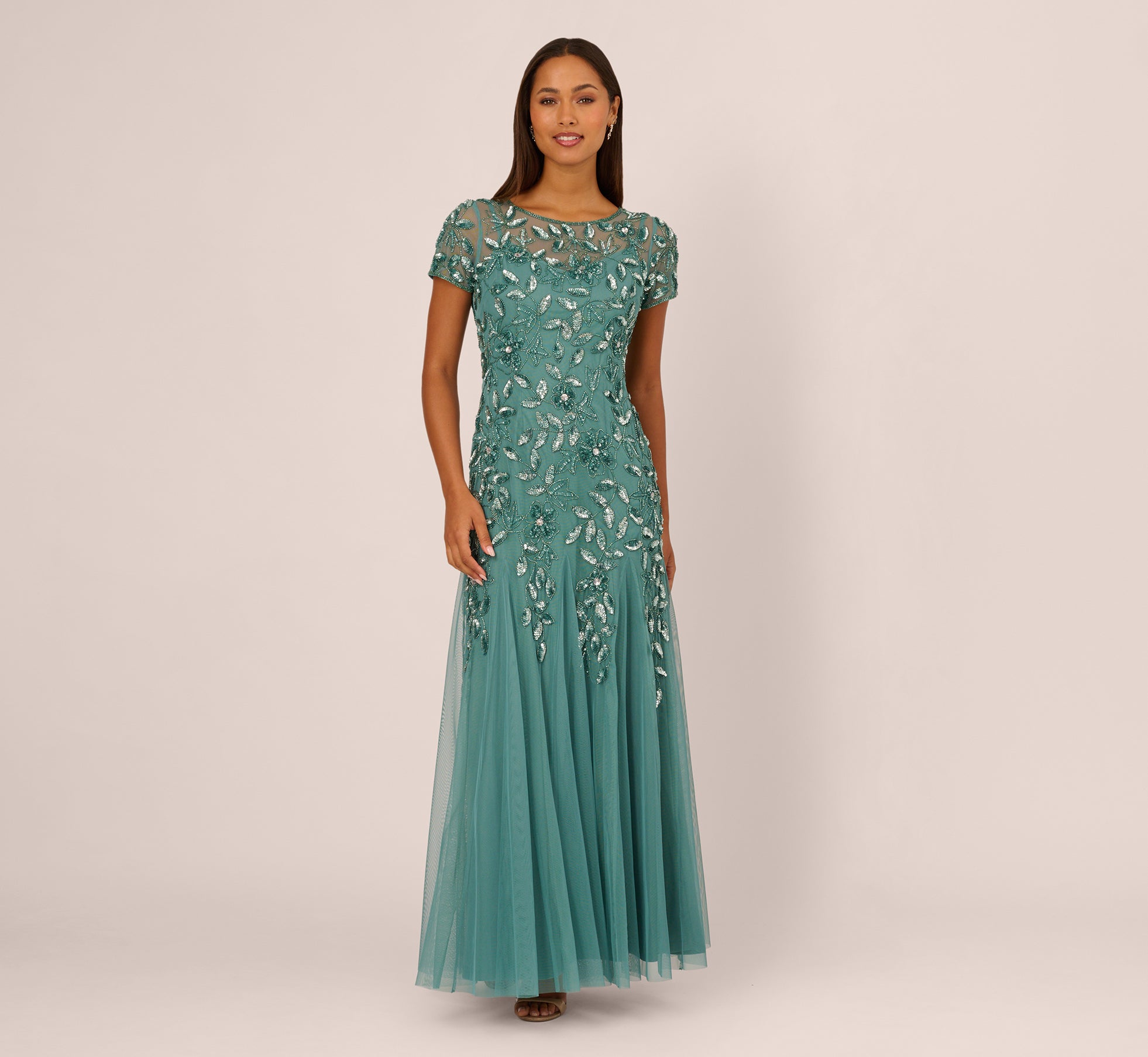 adrianna papell green beaded dress vintage Size Floral-Beaded Gown - Jade style:One Pieces 1/2 long from high Wedding Dress Alert: It Sash:Fuchsia