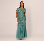 Hand Beaded Short Sleeve Floral Godet Gown In Jade 2
