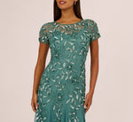 Hand Beaded Short Sleeve Floral Godet Gown In Jade 3
