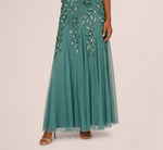 Hand Beaded Short Sleeve Floral Godet Gown In Jade 4