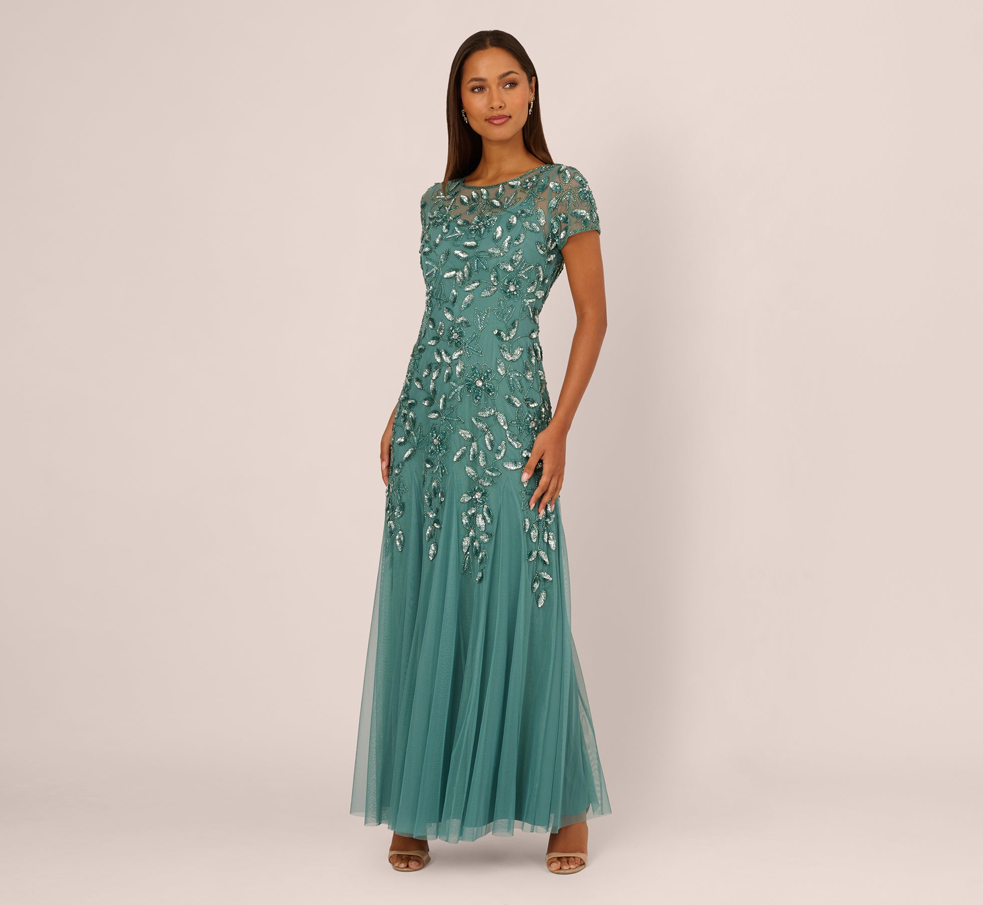 Hand Beaded Short Sleeve Floral Godet Gown In Jade 1