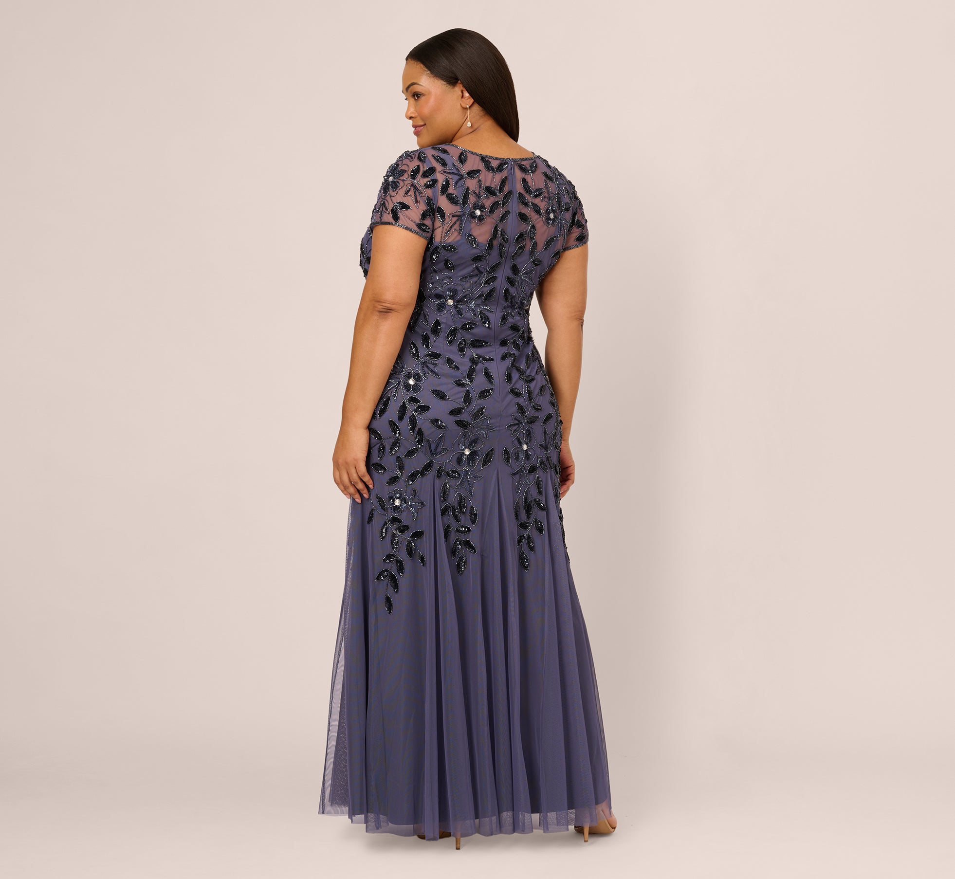 Blue Plus Size Hand Beaded Short Sleeve Floral Godet Gown - Adrianna Papell