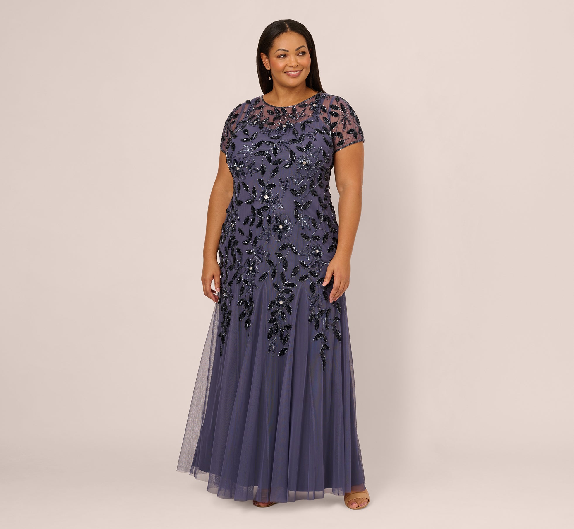 size 16 evening dresses with sleeves Plus Hand Beaded Short Sleeve Floral Godet Gown In Smoky Peri Style Number Color:Medium Denim pink ruched dress Romantic Flowy Boho Lace