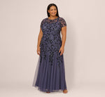 Plus Size Hand Beaded Short Sleeve Floral Godet Gown In Smoky Peri 2