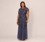 Plus Size Hand Beaded Short Sleeve Floral Godet Gown In Smoky Peri 1