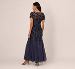 Hand Beaded Short Sleeve Floral Godet Gown In Smoky Peri 5