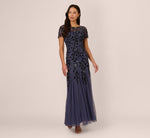 Hand Beaded Short Sleeve Floral Godet Gown In Smoky Peri 2