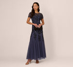 Hand Beaded Short Sleeve Floral Godet Gown In Smoky Peri 1