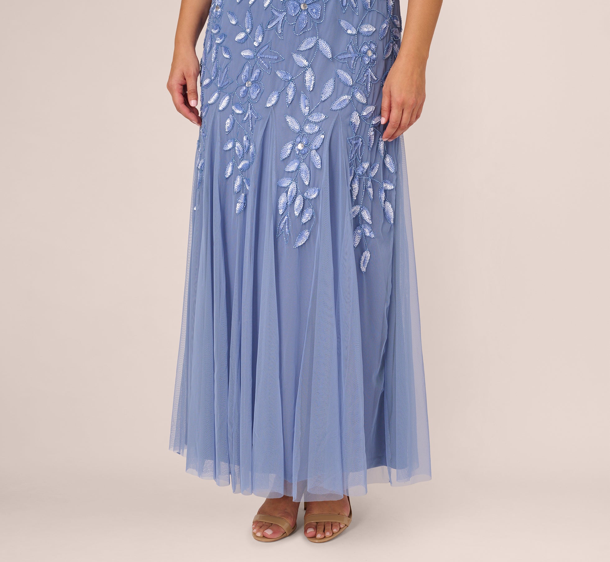 Blue Plus Size Hand Beaded Short Sleeve Floral Godet Gown