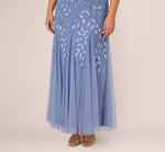 Plus Size Hand Beaded Short Sleeve Floral Godet Gown In French Blue 7