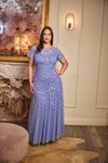 Plus Size Hand Beaded Short Sleeve Floral Godet Gown In French Blue 1