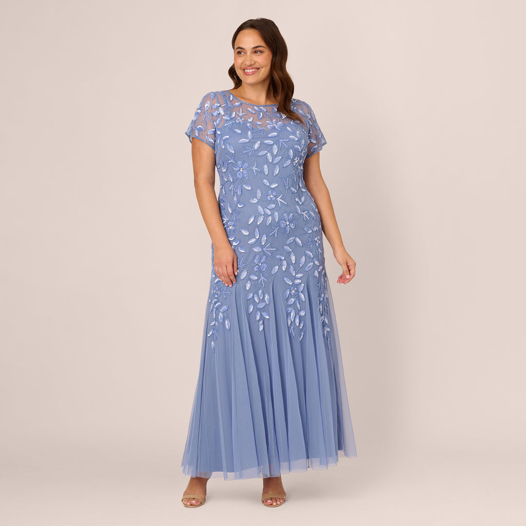 Plus Size Hand Beaded Short Sleeve Floral Godet Gown In French Blue ...