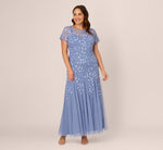 Plus Size Hand Beaded Short Sleeve Floral Godet Gown In French Blue 3