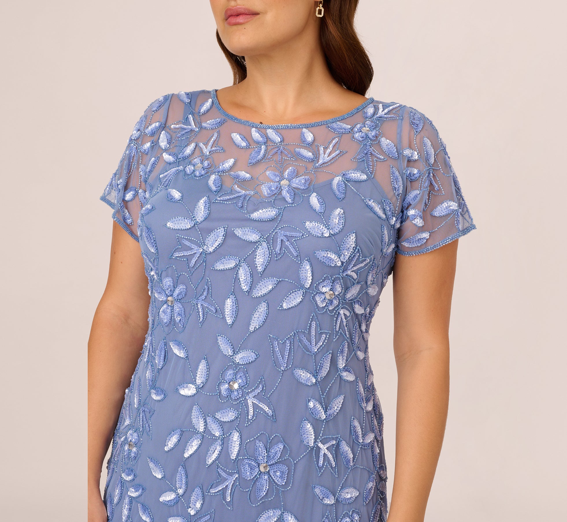 Blue Plus Size Hand Beaded Short Sleeve Floral Godet Gown - Adrianna Papell Blue Plus Size Hand Beaded Short Sleeve Floral Godet Gown - Adrianna Papell